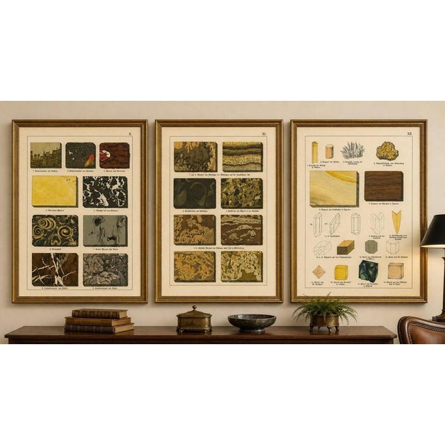 Title: set of three antique mineralogy chromolithographs, marble, aragonite & fluorite, 1888 description: a striking set...
