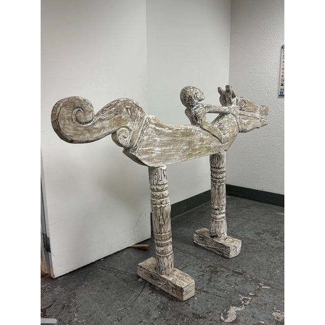 Boho Chic Balinese Hand-Carved Solid Wood Horse + Rider Sculpture Vintage For Sale - Image 3 of 12