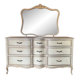 Drexel French Provincial Style 9-Drawer Triple Dresser With Mirror | Serpentine Front | 1960s For Sale