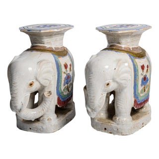 Pair Chinoiserie Glazed Ceramic Elephant Garden Stools / Accent Tables For Sale