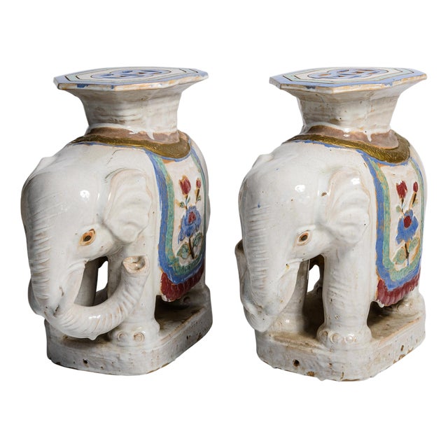 Pair Chinoiserie Glazed Ceramic Elephant Garden Stools / Accent Tables For Sale