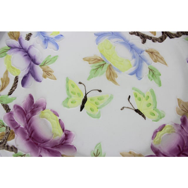 Ceramic Maling Ware Majolica Peony Rose Butterfly Charger Plate 11". 6507 For Sale - Image 7 of 9