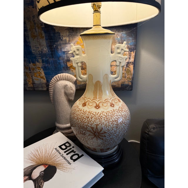 Hollywood Regency Pair of Large Vintage Crackle Glaze Porcelain Table Lamps With Brass Accents For Sale - Image 3 of 11