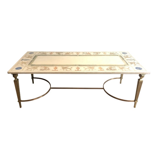 1940 Neoclassical Style Coffee Table in Bronze and Brass With Decorated Marble Top For Sale