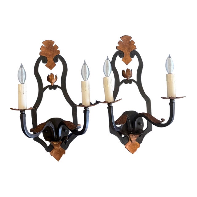 Paul Ferrante Model 1000 Hand-Forged Iron & Copper Two-Light Wall Sconces – Pair For Sale