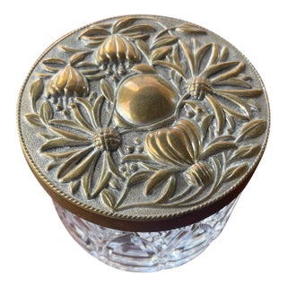 Antique Art Nouveau Flower Brass Cover & Cut Glass Vanity Dresser Jar For Sale