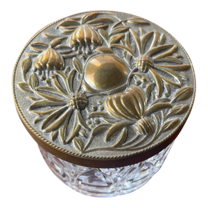 Antique Art Nouveau Flower Brass Cover & Cut Glass Vanity Dresser Jar