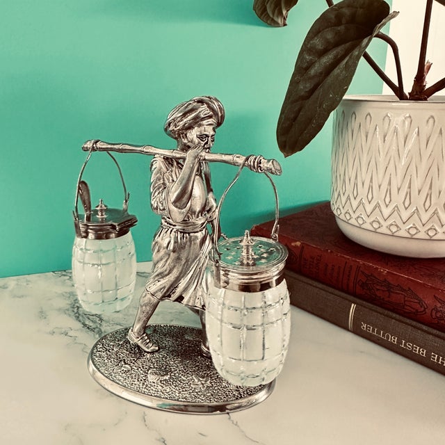 Mid-Century Modern Bombay Co. Silver Plated Nubian Man Salt & Pepper Shaker, Condiment Basket 2001 For Sale - Image 11 of 18