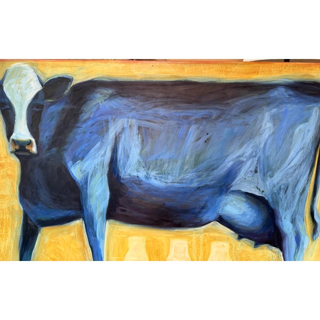 1990s Suzanne Frazier Blue Cow Oil on Canvas Painting For Sale - Image 5 of 12