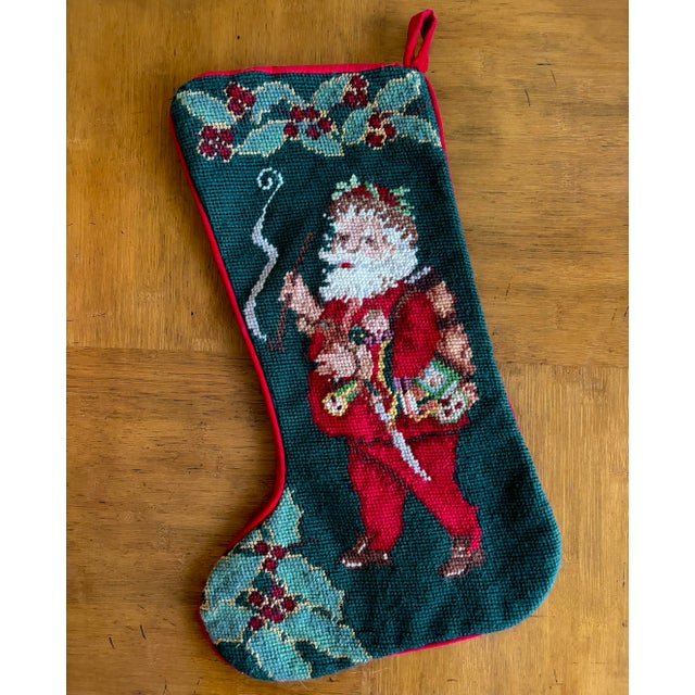 1990s 1990s Wool Needlepoint and Red Velvet Father Christmas Stocking For Sale - Image 5 of 5