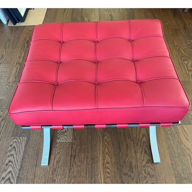Red Authentic Design Within Reach Barcelona Stools – Red Tufted Leather & Chrome X‑Base – Set of 2 For Sale - Image 8 of 14