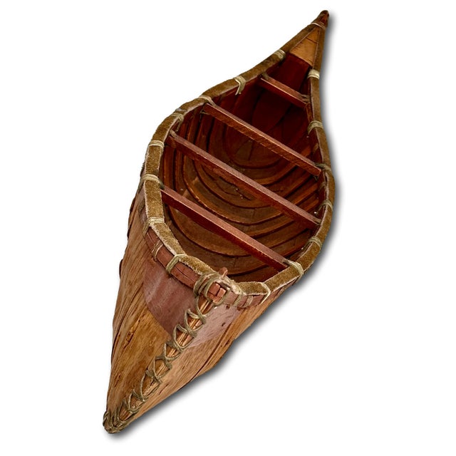 Auburn Vintage Very Nicely Completely Hand Made Northeastern Maine Indian Style Birch Bark Canoe Model - Replica - 23 Inches Long For Sale - Image 8 of 18