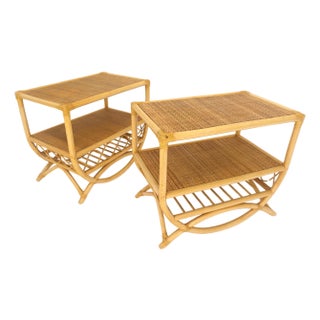Pair Rattan Bamboo Grass Cloth Top Two Tier End Side Tables Stands Magazine Rack For Sale
