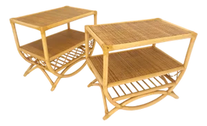 Pair Rattan Bamboo Grass Cloth Top Two Tier End Side Tables Stands Magazine Rack