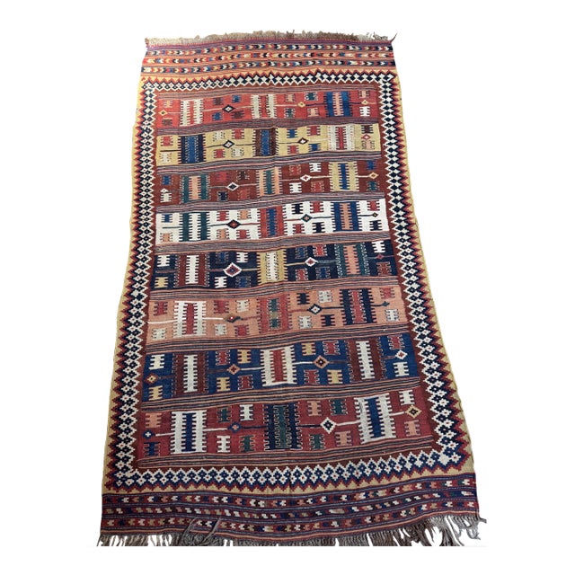 Vintage Ghashghai Kilim Rug With Multicolor Tribal Bands – 8'2" X 4'8" For Sale