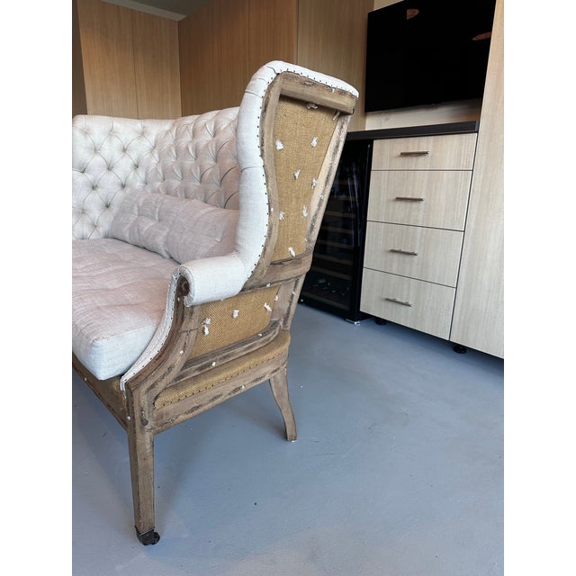 Traditional Restoration Hardware Deconstructed Linen Tufted Loveseat For Sale - Image 3 of 9