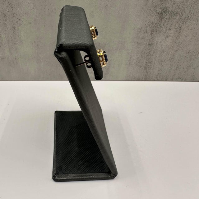 Contemporary Sapphire and Diamond Halo Studs in 14kt Yellow Gold - 5x3mm Sapphires, New, A Pair For Sale - Image 3 of 5