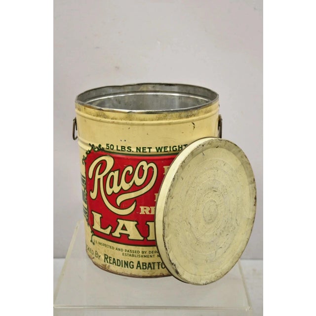 Traditional Vintage Raco 25 Lbs. Advertising Lard Tin Metal Can Reading Pa Twin Handles For Sale - Image 3 of 10