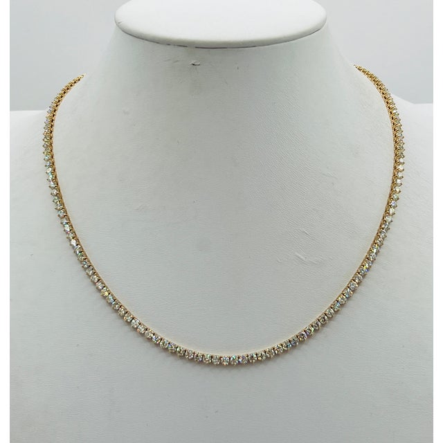 White Round Diamond Tennis 3 Prong Necklace in 14k Yellow Gold For Sale - Image 4 of 7