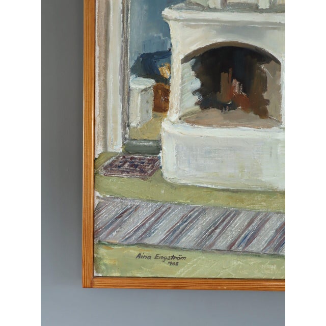 1968 Mid-Century Modern 'The Fireplace' Vintage Swedish Expressive Interior Oil Painting, Framed For Sale - Image 6 of 13