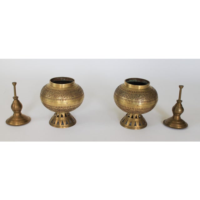 Vintage Etched Brass Asian Philippine Wedding Vessels or Urns - A Pair For Sale - Image 4 of 15