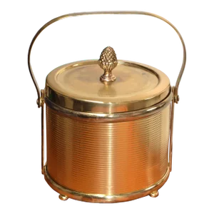 1940s Art Deco French Vacuum Insulated Ice Bucket Heavy Glass Insert Gold Finish Metal