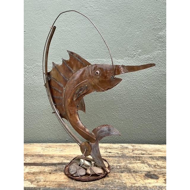 Brown Vintage Distressed Punch Cut Sailfish Statue For Sale - Image 8 of 12