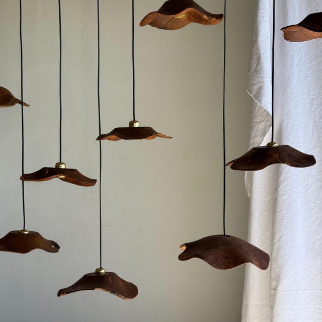 Contemporary Small Wavy Leaf-Shaped Teak Pendant Light, 1980s For Sale - Image 3 of 18