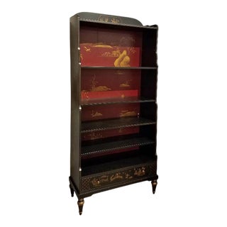 Vintage Julia Gray Chinoiserie Painted Black and Red Bookcase For Sale