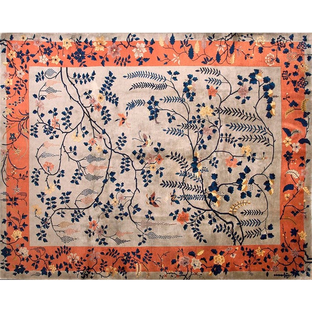 Champagne 1920s Ivory Floral Traditional Antique Chinese Art Deco Rug 9'0" X 11'8" Knotted Wool Carpet For Sale - Image 8 of 9