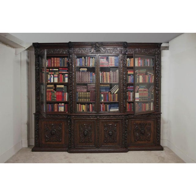 Brown Victorian Carved Oak Breakfront Bookcase, 1870s For Sale - Image 8 of 18