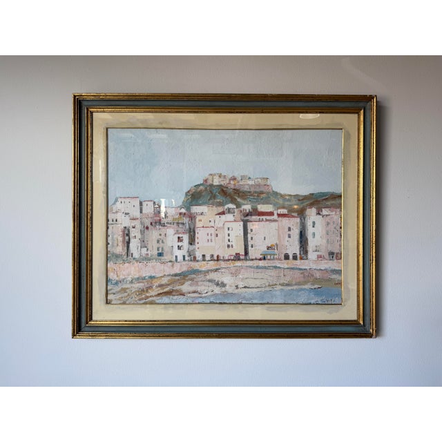 1968 Franco Scuderi Italian Mediterranean Coastal Cityscape Landscape Oil on Plywood Painting, Signed & Framed For Sale - Image 4 of 16