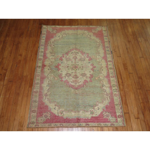 Antique Green Pink Turkish Ghiordes Rug - 3'9" x 5'5" For Sale - Image 4 of 5