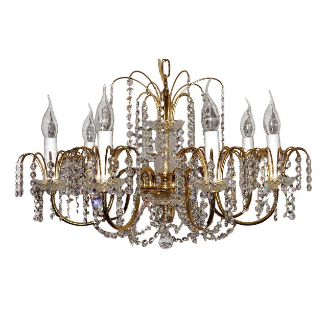 Brass Lead Crystal 24k Gold Plated Seven Light Chandelier from Sölken Leuchten, 1970s For Sale