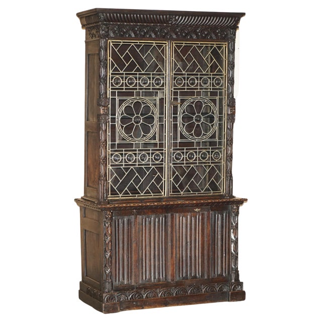 Jacobean Linen Fold Carved Zinc Lined Astral Glazed Bookcase For Sale