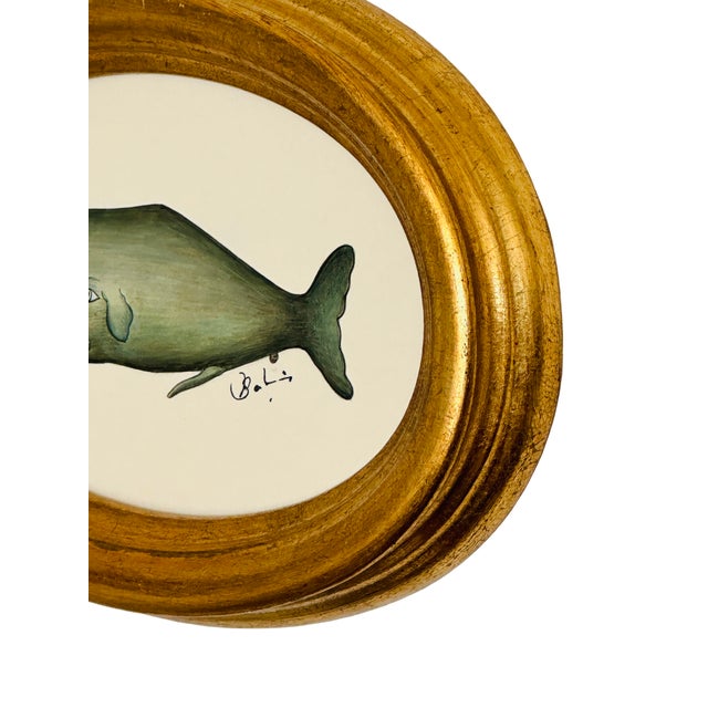 Original Hand-Painted Whimsical Baby Whale Painting in a Vintage Italian Gold Frame For Sale - Image 4 of 4