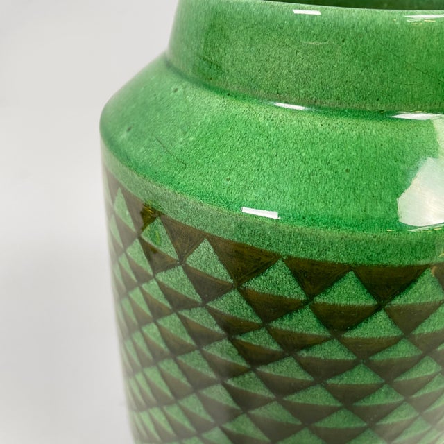 Forest Green Mid-Century Modern Italian Green Ceramic Vase with Triangular Pattern, 1960s For Sale - Image 8 of 12