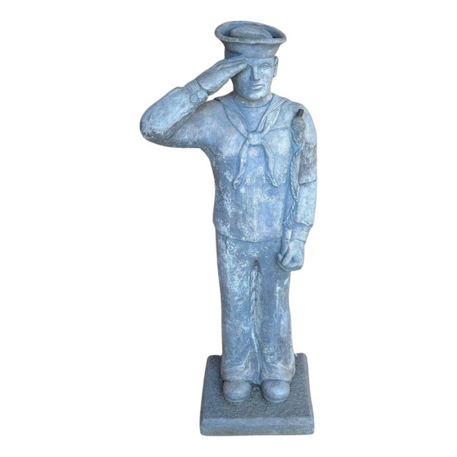 WPA Style Cast Stone Garden Flag Bearer Statue of a Handsome Navy Sailor For Sale