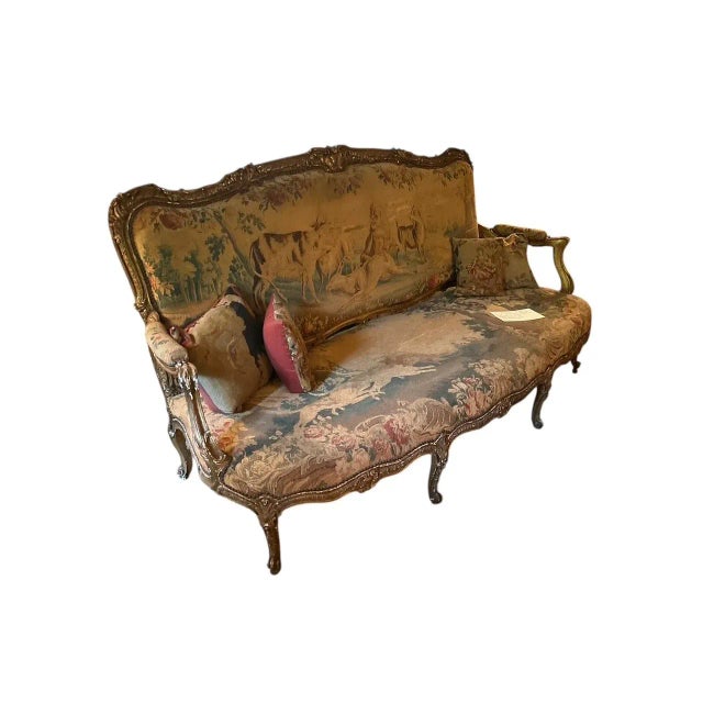 French Louis XV Style Giltwood Canape Upholstered in 18th Century Beauvais Tapestry, Manner of Jean-Baptiste Tilliard For Sale - Image 3 of 13