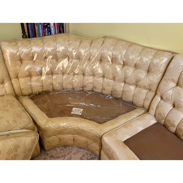 Textile VTG 1960’s, (3) Piece, Curvy, Custom-Designed Sectional, by Soref’s, With a Tufted Creamy-Golden Upholstery, Sculpted Back, Original Vinyl Protectors For Sale - Image 7 of 12