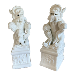 Blanc De Chine Foo Dogs With Ball and Baby, 1940’s, a Pair