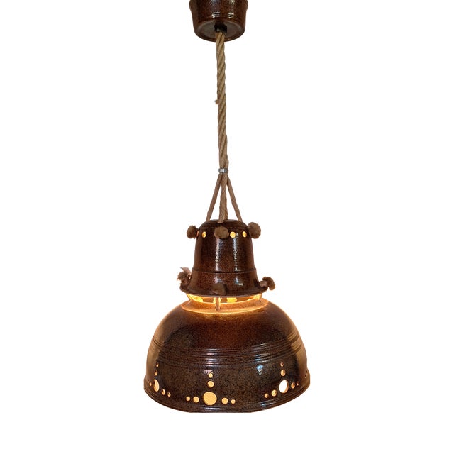 Vintage Rustic Ceiling Lamp with Ceramic Shade and Rope Mount, 1970s For Sale