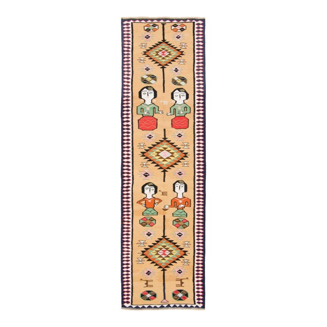Vintage Turkish Pictorial Geometric Runner Beige & Red by Rug & Kilim, 1950–1959 For Sale