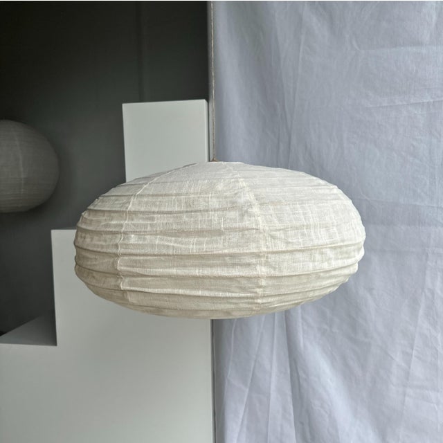 Large Oval Flattened Pendant Light in Rattan and Natural Linen, 1980s For Sale - Image 9 of 9
