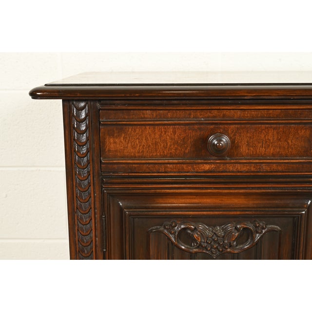 Berkey & Gay Antique English Jacobean Carved Walnut and Burl Wood Bar Cabinet or Server, Circa 1920s For Sale - Image 9 of 15