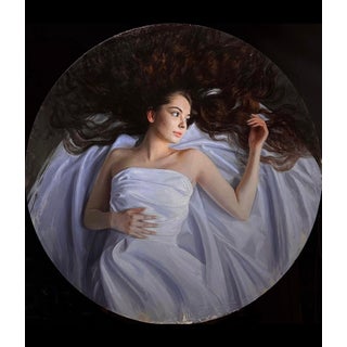 Reminiscence by Bunyod Suvonov | Oil on canvas of a woman lying on white fabric with flowing hair For Sale