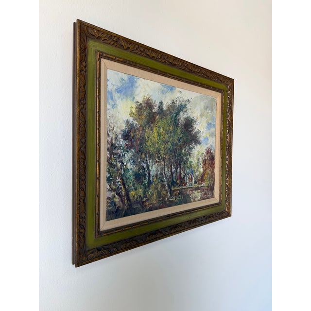 Striking 1960s impressionist abstract landscape oil painting featuring expressive brushwork and a richly textured...