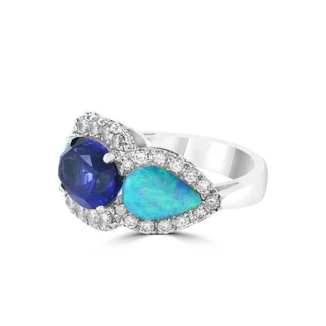 5 Carat Oval Tanzanite, Diamond and Opal Ring 14 Karat White Gold, Estate For Sale - Image 17 of 18