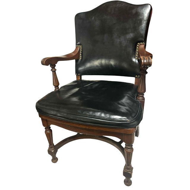 Antique Black Leather Collectible Armchairs by Colonial Chair Company Made in the Chicago Loop - Circa 1920 - A Pair For Sale - Image 4 of 9