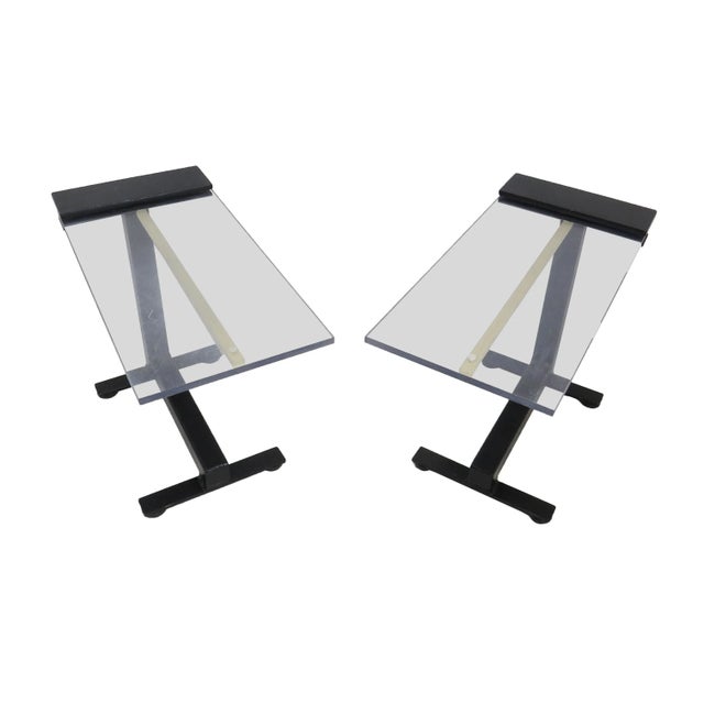 A great pair of vintage steel and Lucite cantilever end / side tables. Made from heavy gauge steel, these table are quite...